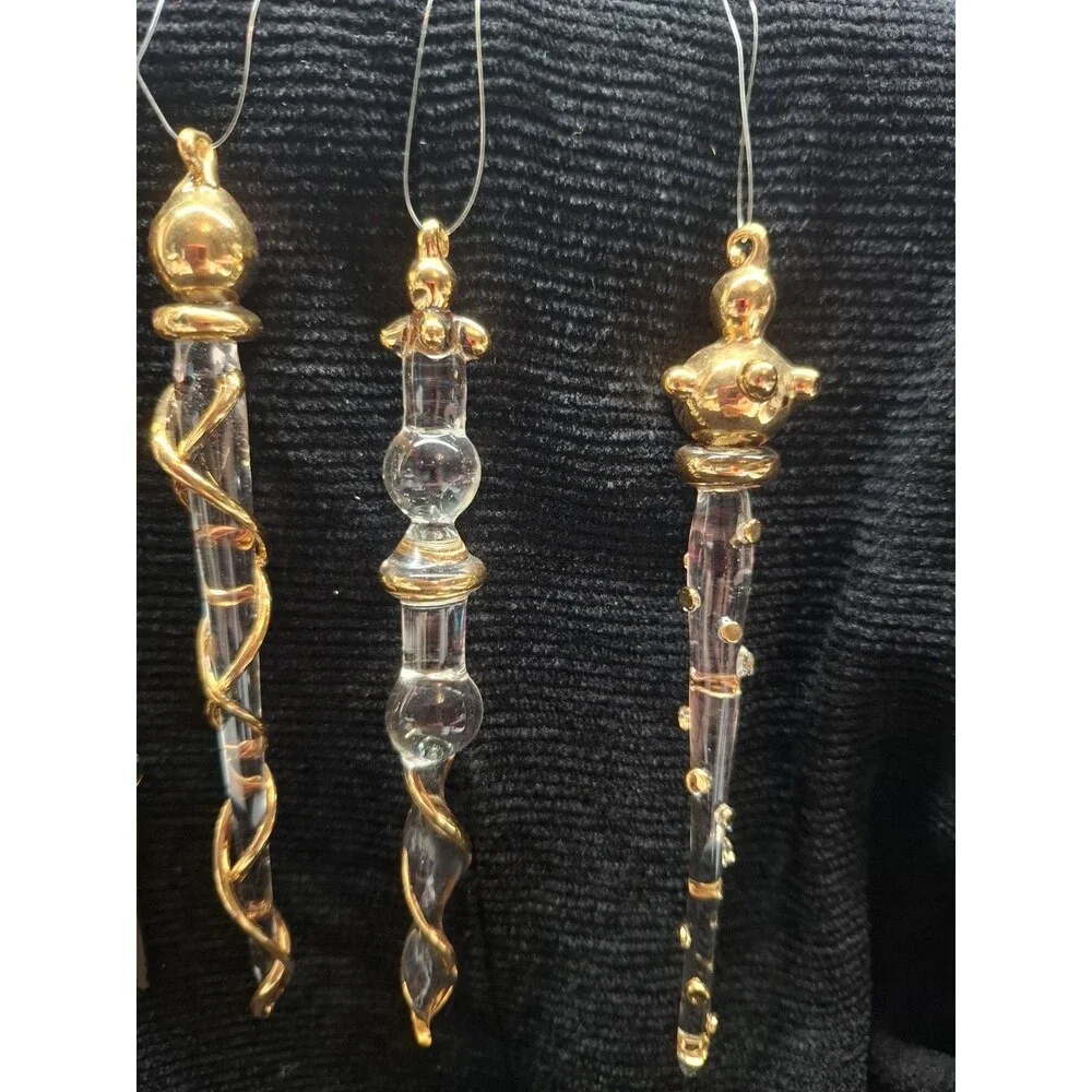 Vtg Glass Icicle Christmas Ornaments Clear Gold Accents Set of 4 Hanging 5 in
